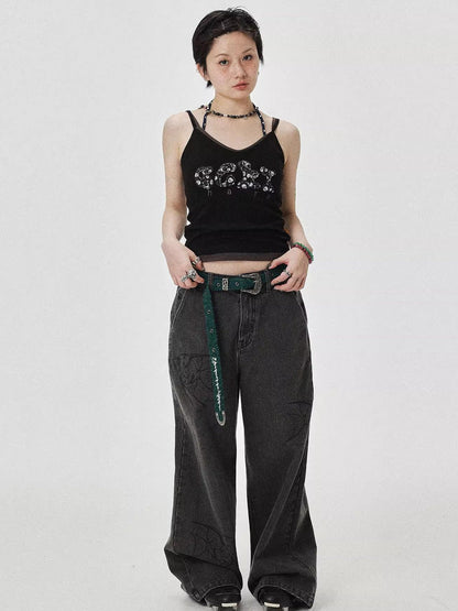 Achihara Brittany Becky Skull Embroidered Ribbed Tank Top