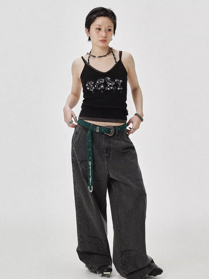Achihara Brittany Becky Skull Embroidered Ribbed Tank Top