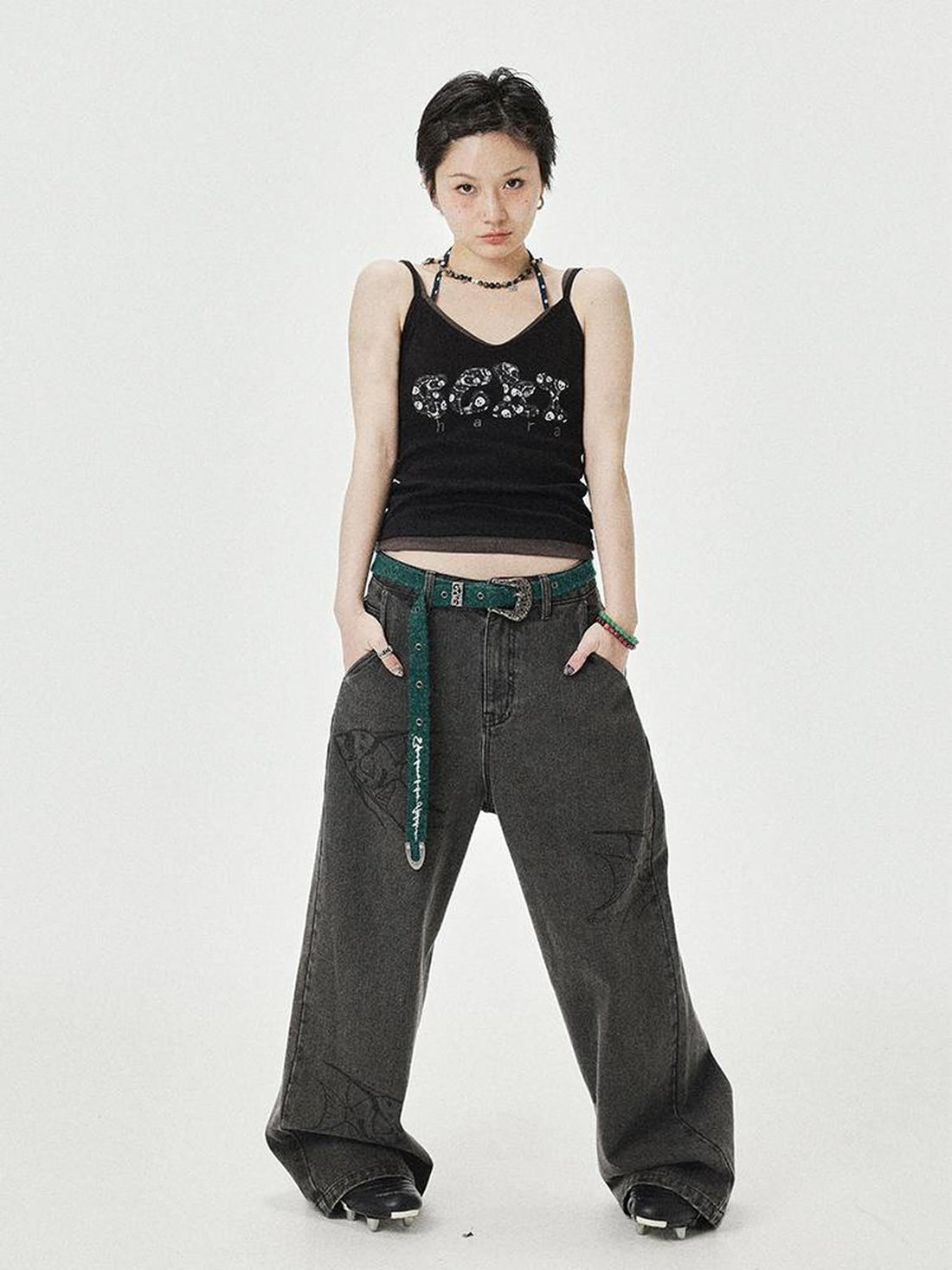 Achihara Brittany Becky Skull Embroidered Ribbed Tank Top