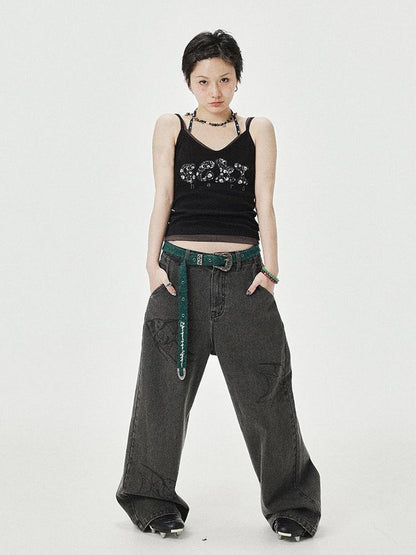 Achihara Brittany Becky Skull Embroidered Ribbed Tank Top