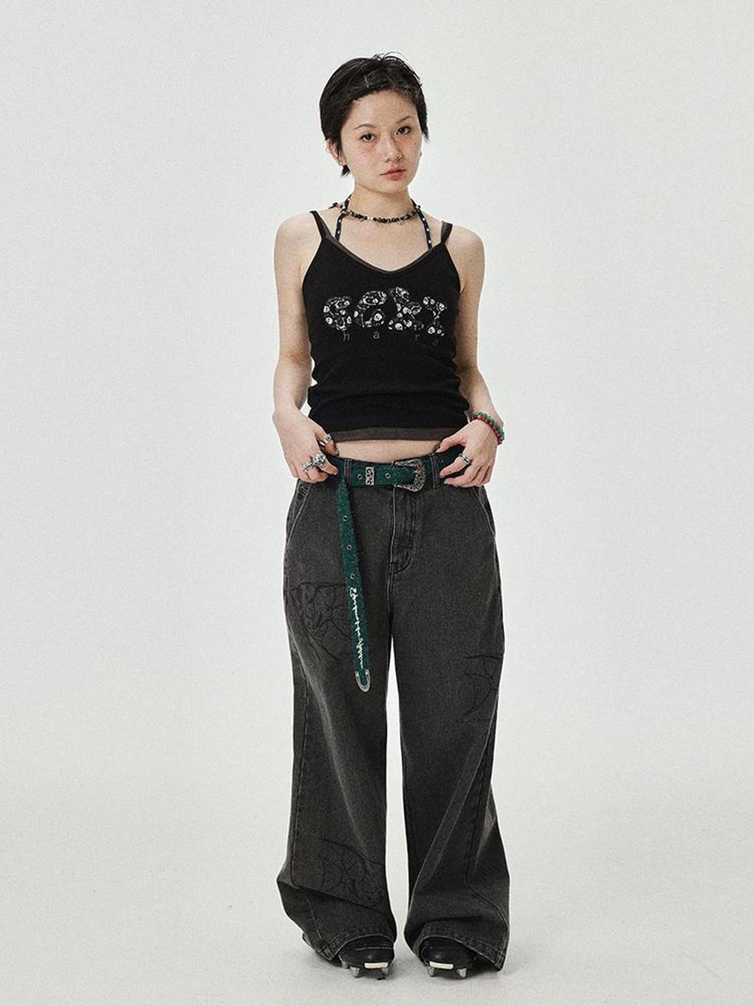 Achihara Brittany Becky Skull Embroidered Ribbed Tank Top