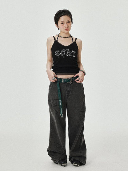 Achihara Brittany Becky Skull Embroidered Ribbed Tank Top