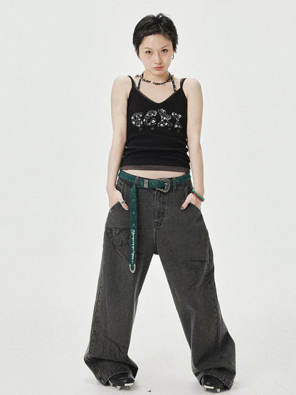 Achihara Brittany Becky Skull Embroidered Ribbed Tank Top
