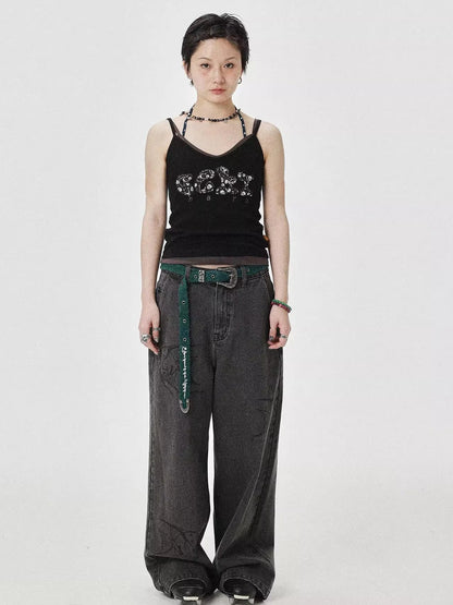 Brittany Becky Skull Embroidered Ribbed Tank Top