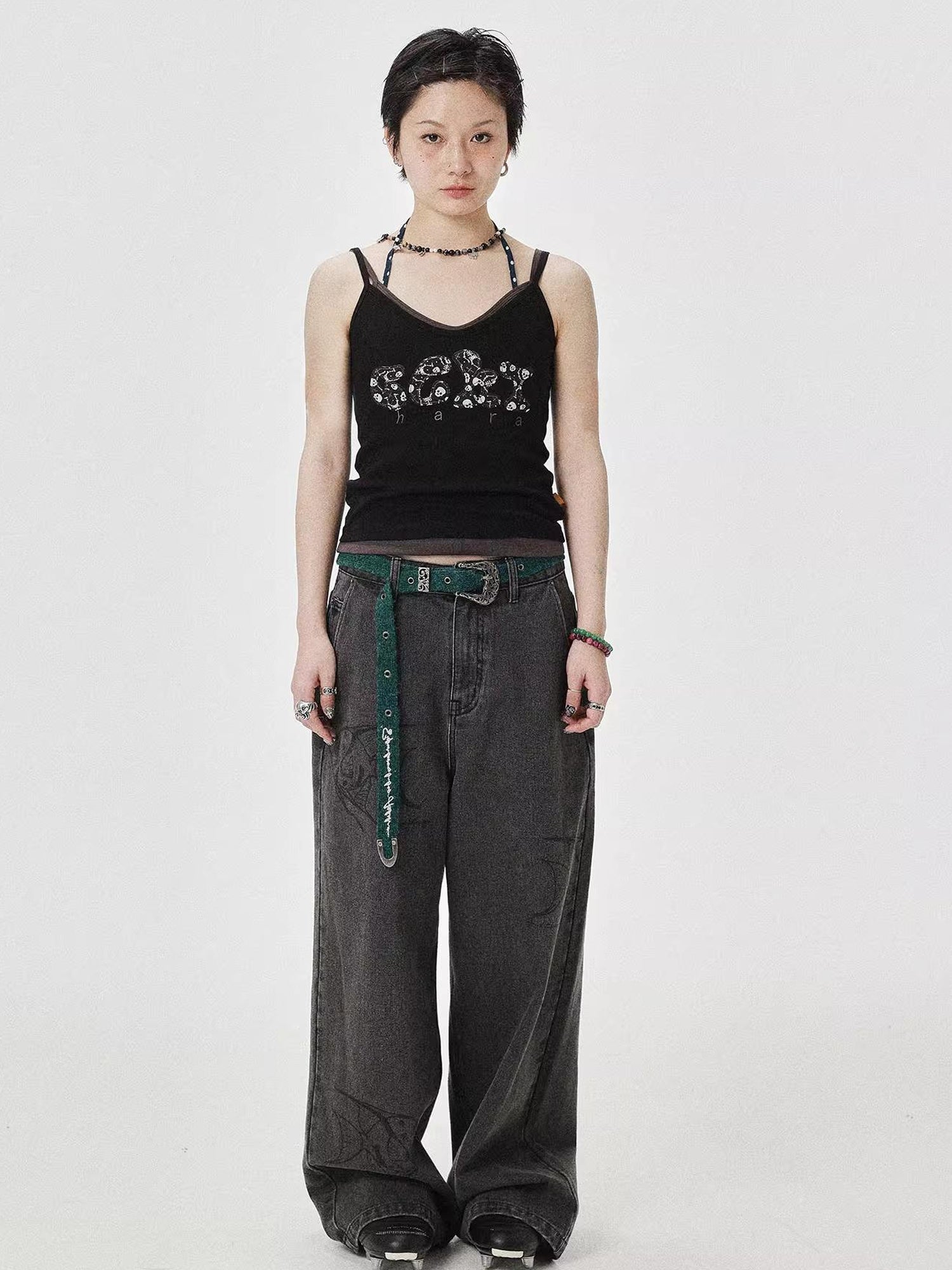 Achihara Brittany Becky Skull Embroidered Ribbed Tank Top