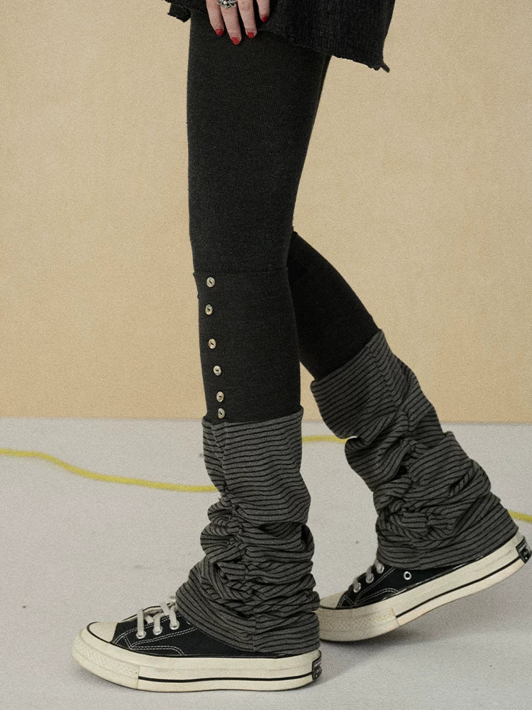 Achihara Butt Lifting Minimalist Striped Black Gray Knit For Women One Size Leg Warmers-5