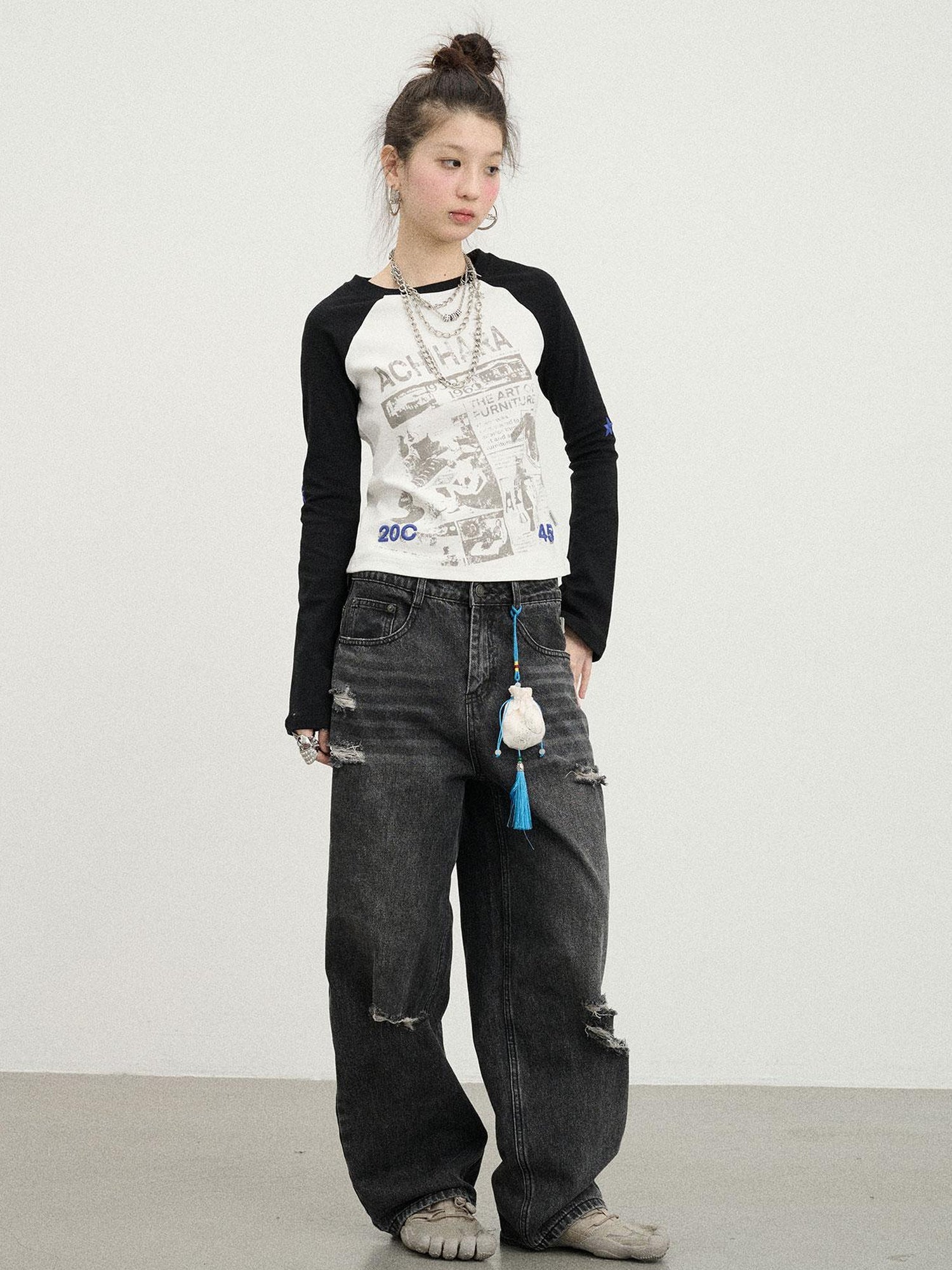 Achihara Carbon Jeans 2025 New Wide Leg Distressed Stacked Denim Pants