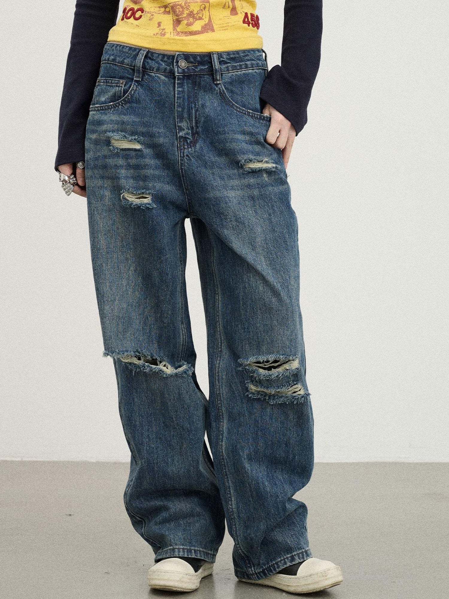 Achihara Carbon Jeans 2025 New Wide Leg Distressed Stacked Denim Pants