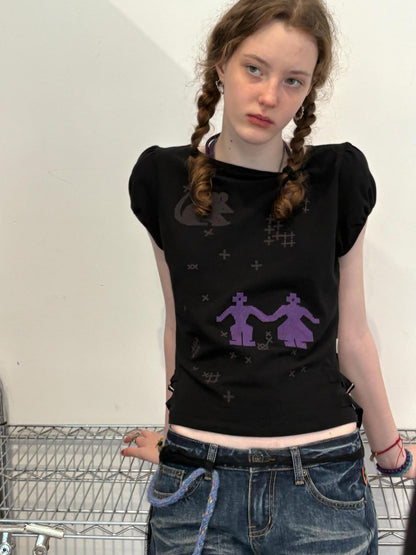 Achihara Cartoon Print Bow Neck Cropped Slim Fit Women&