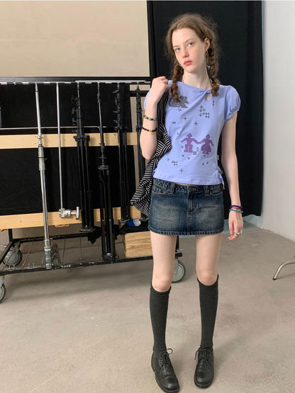 Achihara Cartoon Print Bow Neck Cropped Slim Fit Women&