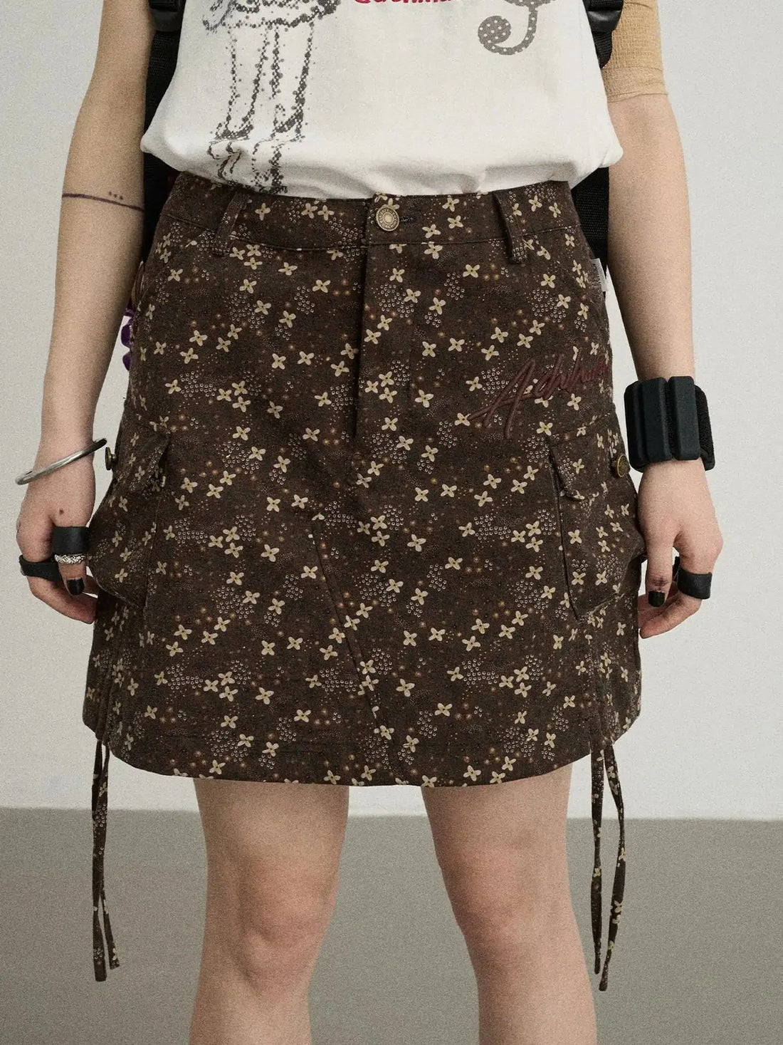 Chocolate Floral A-Line Utility Mini Skirt