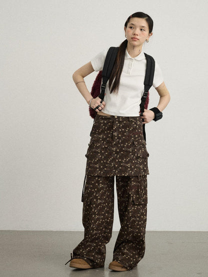 Achihara Chocolate Floral A-Line Utility Mini Skirt
