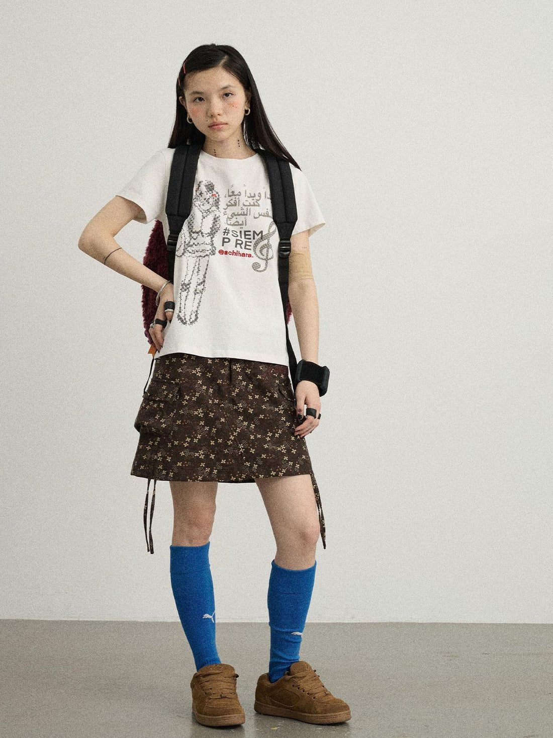 Achihara Chocolate Floral A-Line Utility Mini Skirt
