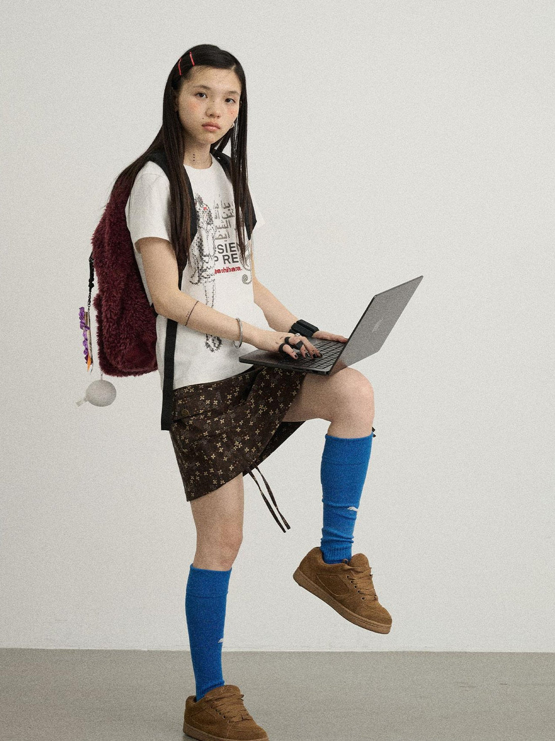 Achihara Chocolate Floral A-Line Utility Mini Skirt