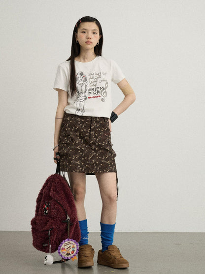 Achihara Chocolate Floral A-Line Utility Mini Skirt