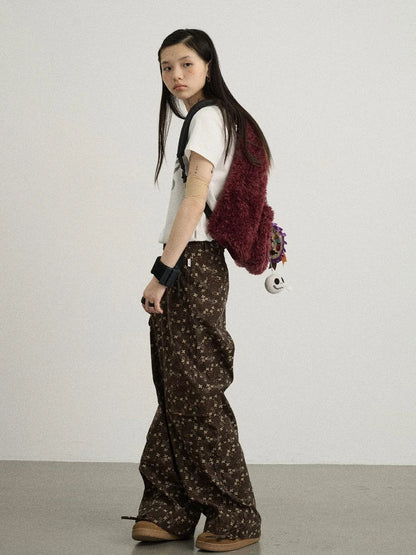 Chocolate Floral Print Wide Leg Trousers With Adjustable Hem
