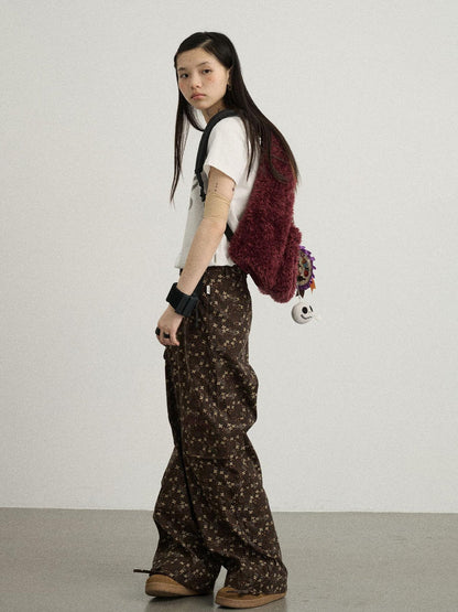 Achihara Chocolate Floral Print Wide Leg Trousers With Adjustable Hem