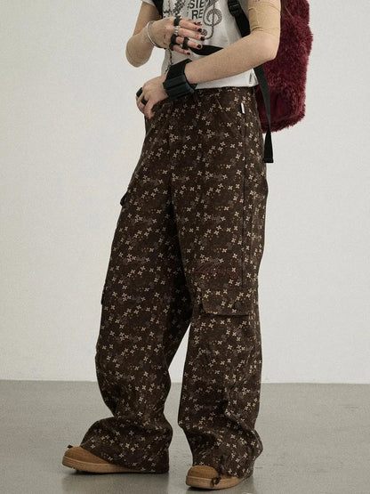 Chocolate Floral Print Wide Leg Trousers With Adjustable Hem