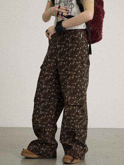Achihara Chocolate Floral Print Wide Leg Trousers With Adjustable Hem