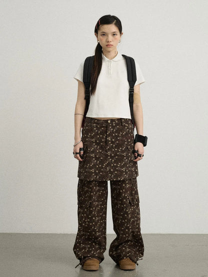 Chocolate Floral Print Wide Leg Trousers With Adjustable Hem