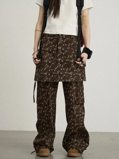 Chocolate Floral Print Wide Leg Trousers With Adjustable Hem
