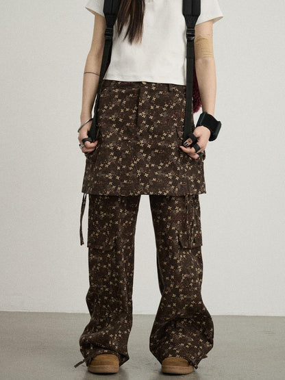 Achihara Chocolate Floral Print Wide Leg Trousers With Adjustable Hem