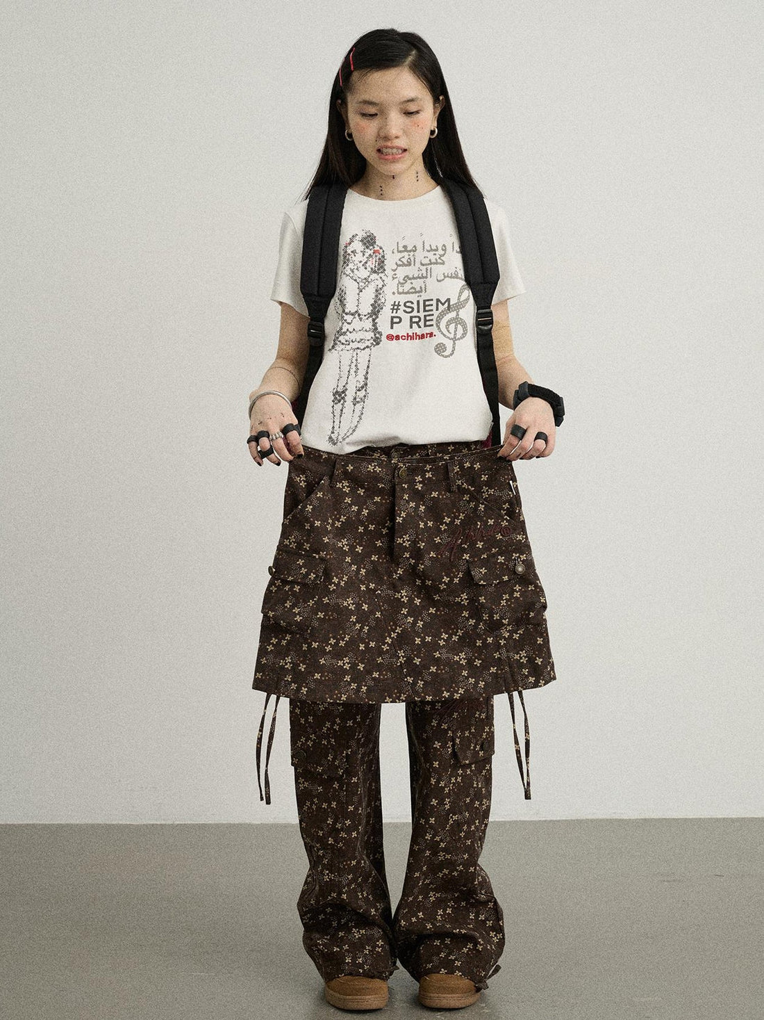 Achihara Chocolate Floral Print Wide Leg Trousers With Adjustable Hem