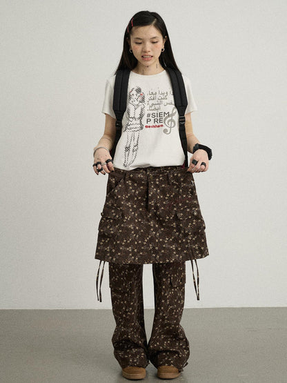Achihara Chocolate Floral Print Wide Leg Trousers With Adjustable Hem