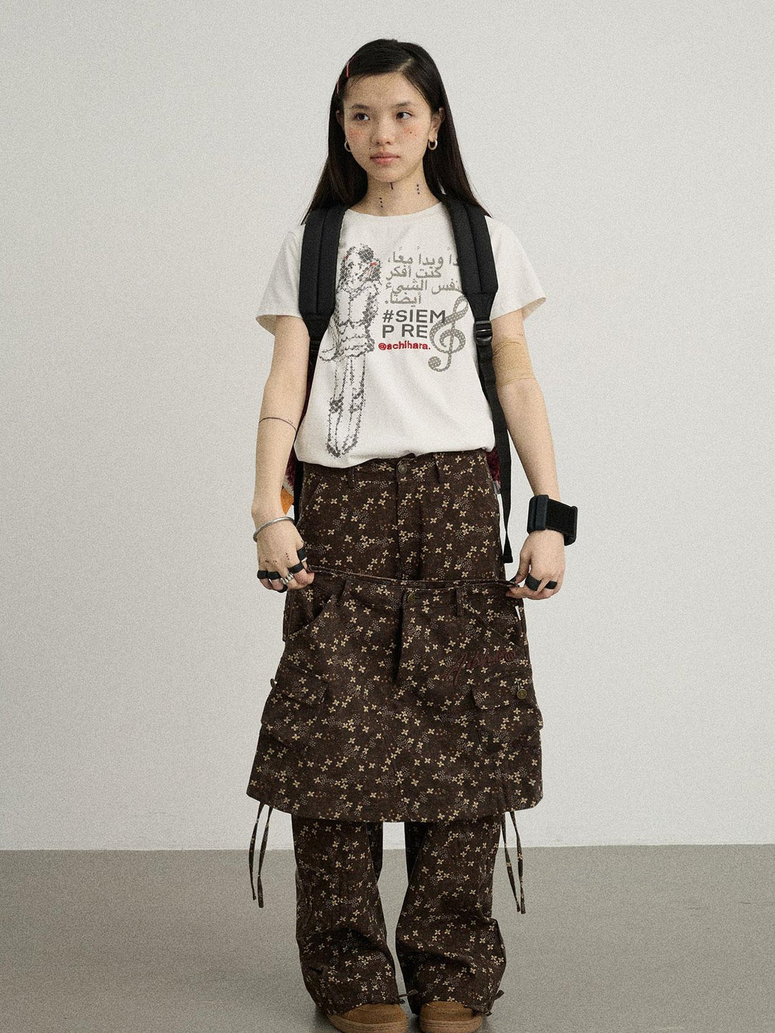 Achihara Chocolate Floral Print Wide Leg Trousers With Adjustable Hem