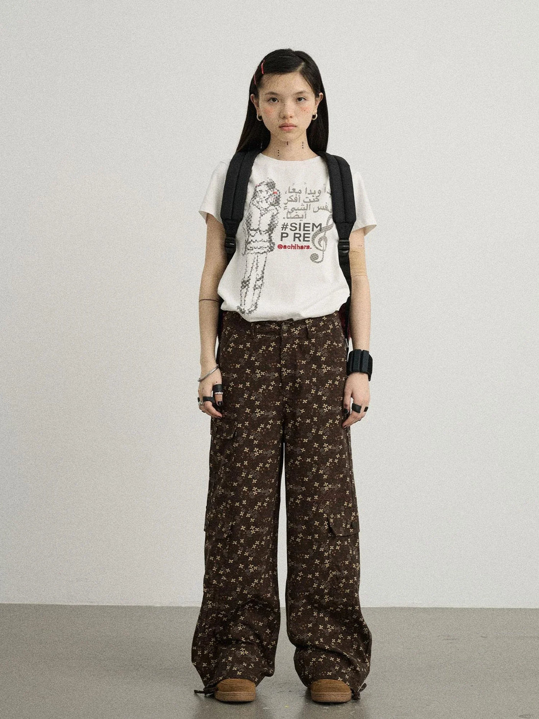 Chocolate Floral Print Wide Leg Trousers With Adjustable Hem