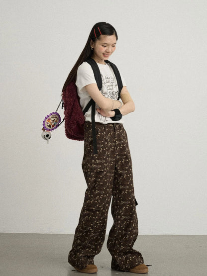 Chocolate Floral Print Wide Leg Trousers With Adjustable Hem