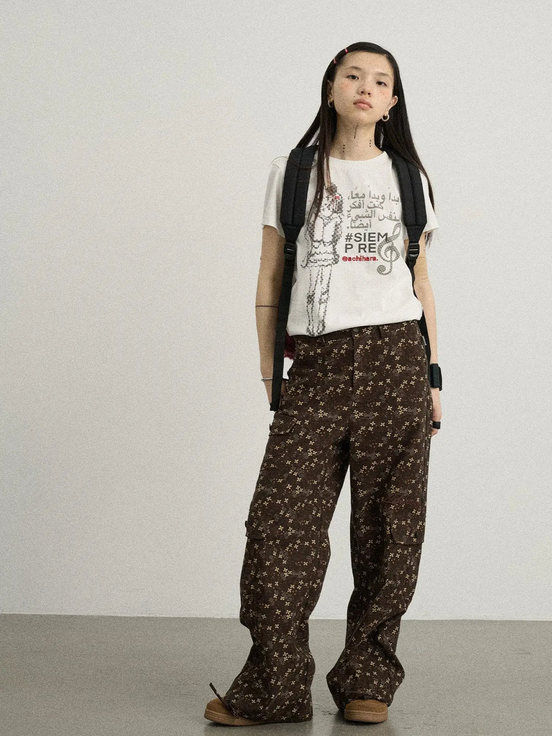 Chocolate Floral Print Wide Leg Trousers With Adjustable Hem