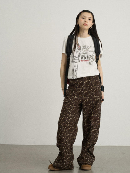 Achihara Chocolate Floral Print Wide Leg Trousers With Adjustable Hem