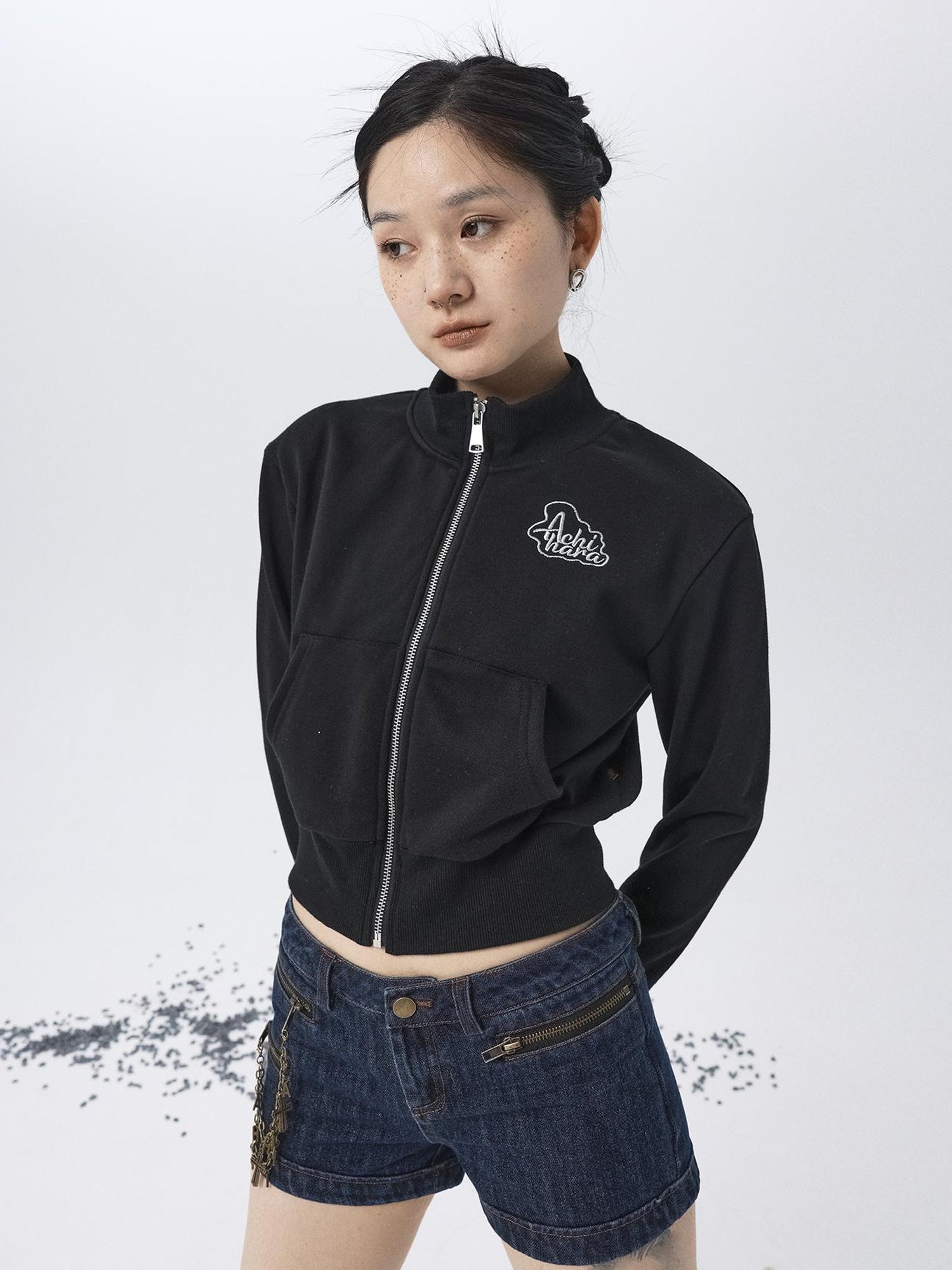 Achihara Church Kiss Embroidered Cropped Hooded Jacket