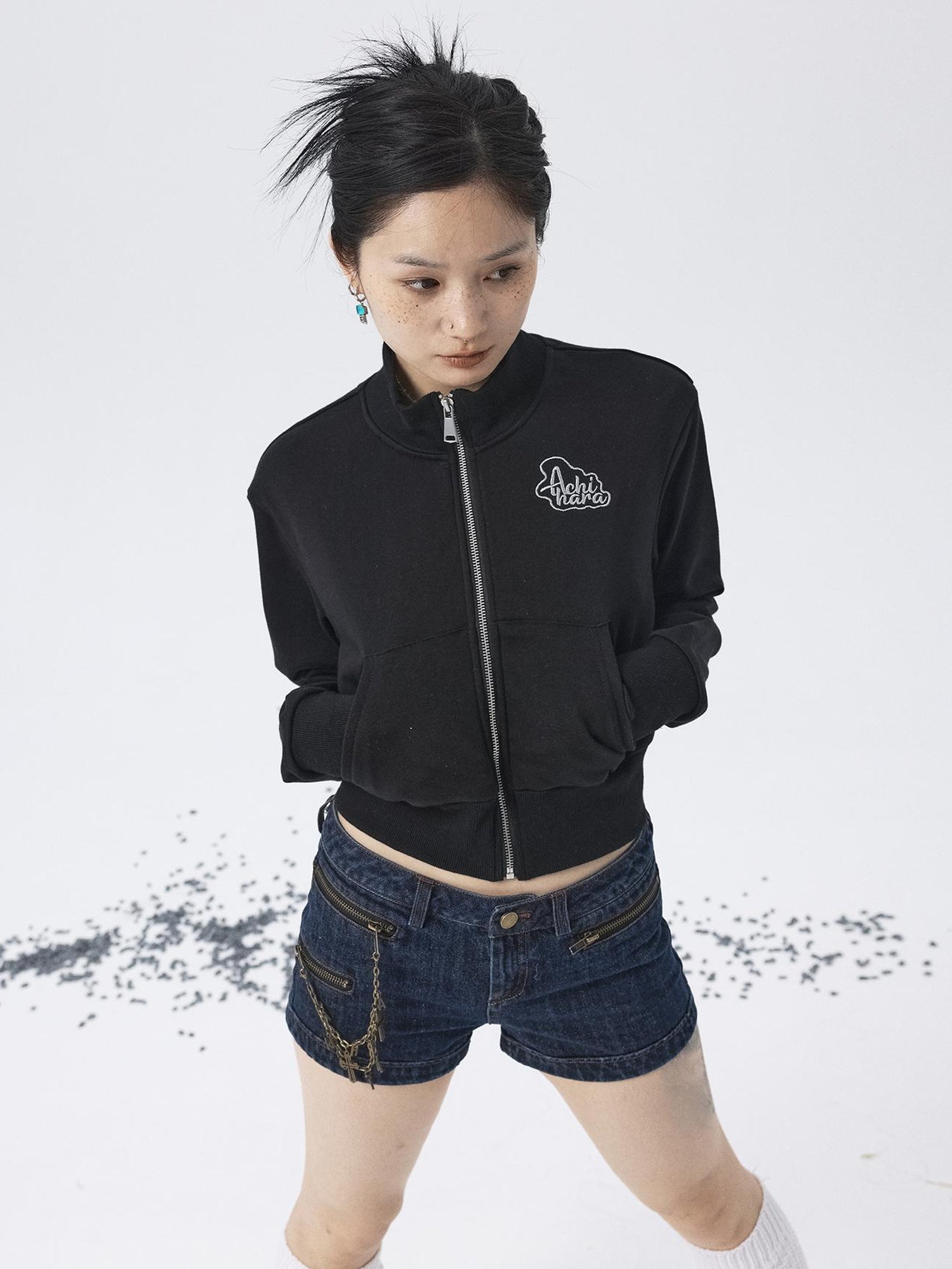 Achihara Church Kiss Embroidered Cropped Hooded Jacket