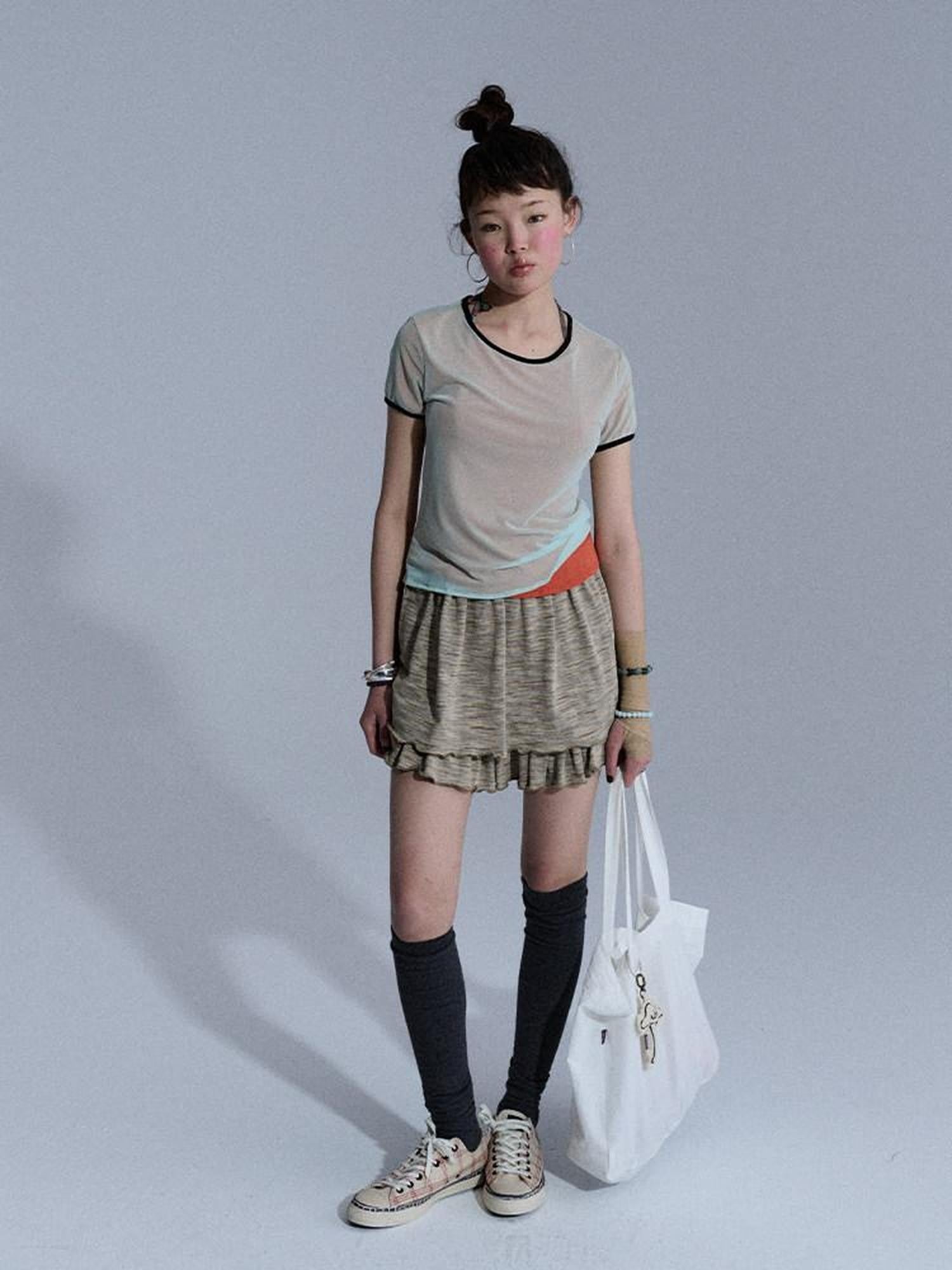 Achihara Colorblock Double Layer Mesh Asymmetrical Slim Women&