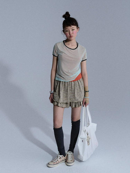 Achihara Colorblock Double Layer Mesh Asymmetrical Slim Women&