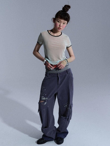 Achihara Colorblock Double Layer Mesh Asymmetrical Slim Women&