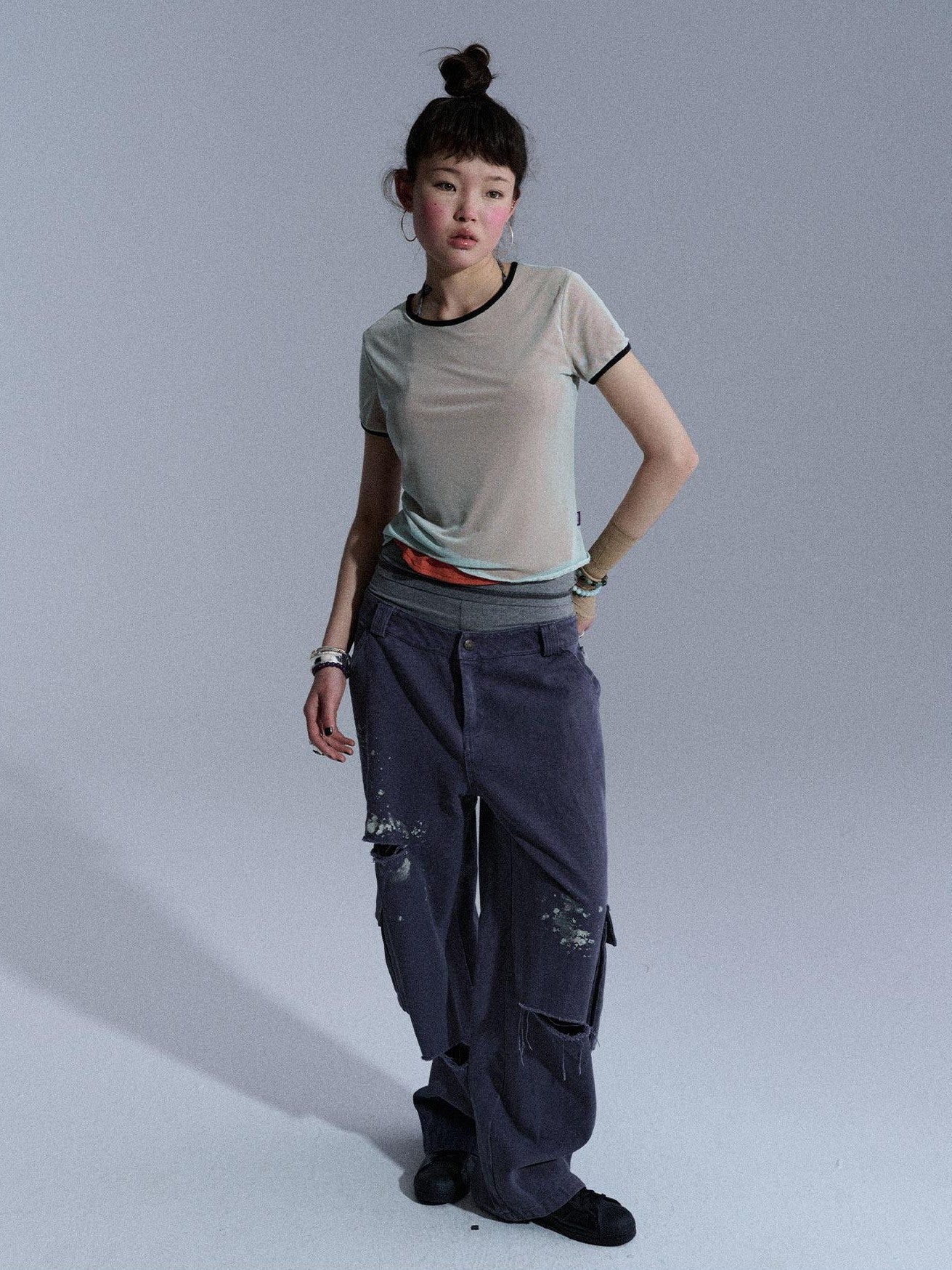 Achihara Colorblock Double Layer Mesh Asymmetrical Slim Women&
