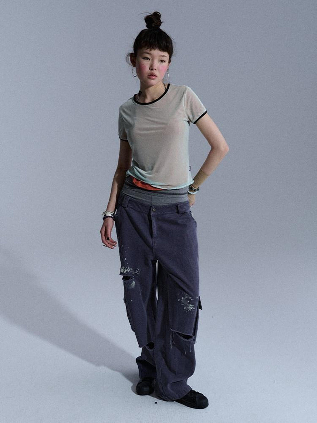 Achihara Colorblock Double Layer Mesh Asymmetrical Slim Women&