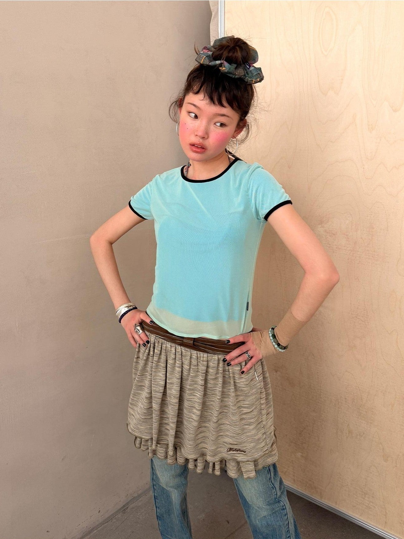 Achihara Colorblock Double Layer Mesh Asymmetrical Slim Women&