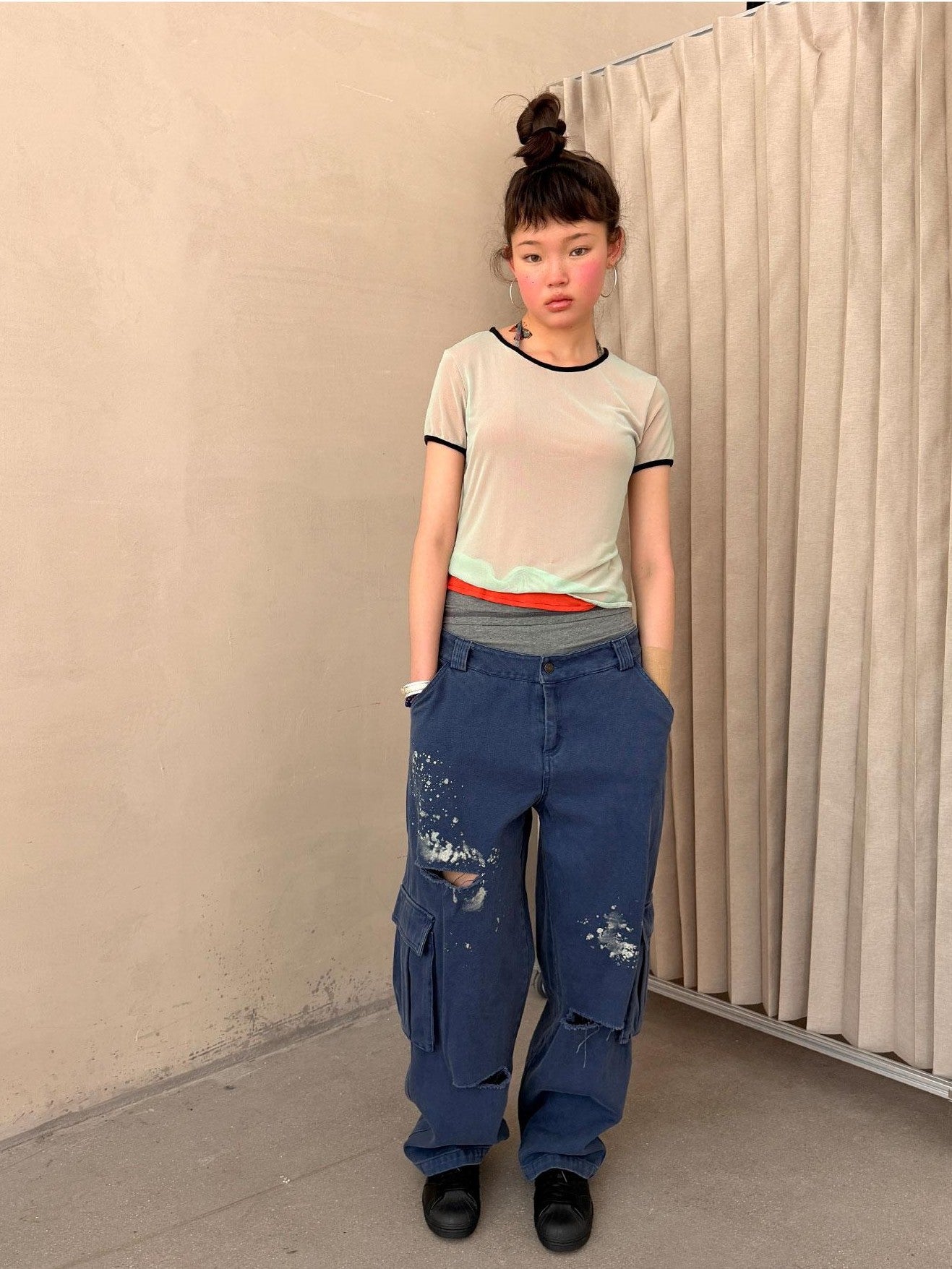 Achihara Colorblock Double Layer Mesh Asymmetrical Slim Women&