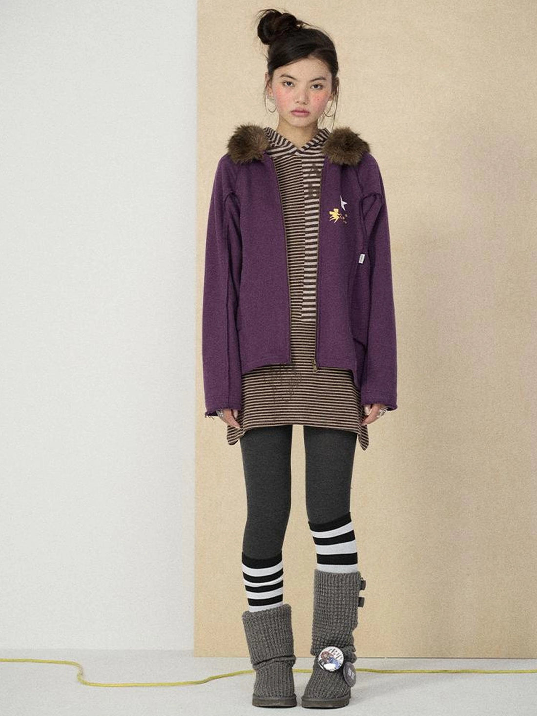 Achihara Cotton Blend Color Block Zip Up Loose Fit Long Sleeve Women Hoodies