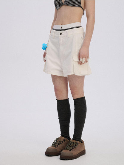 Achihara Cotton Pocket Mid Rise Button Front Commuter Chic Women Casual Short Trousers