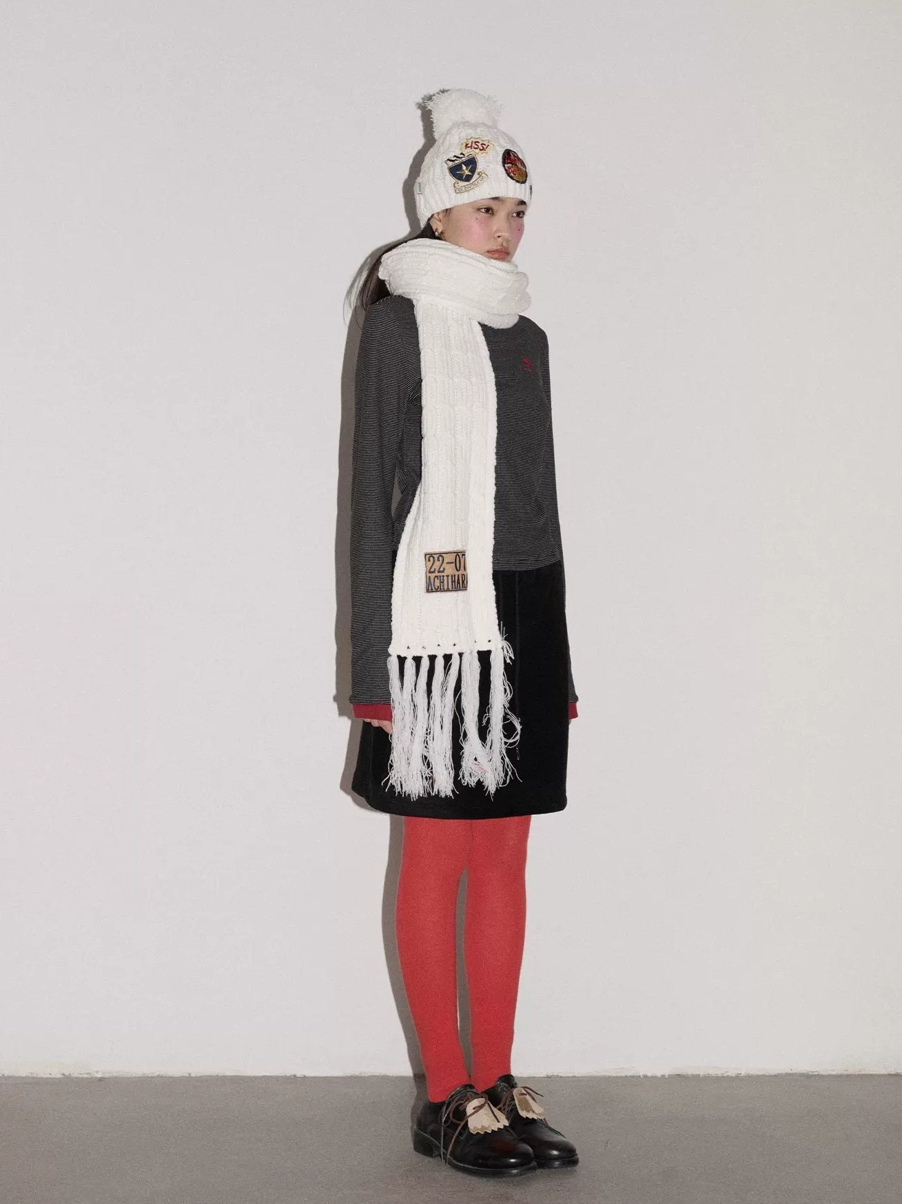 Achihara Cozy Soft Acrylic Knit Casual Round Top Badge Accent Women Beanie Hat