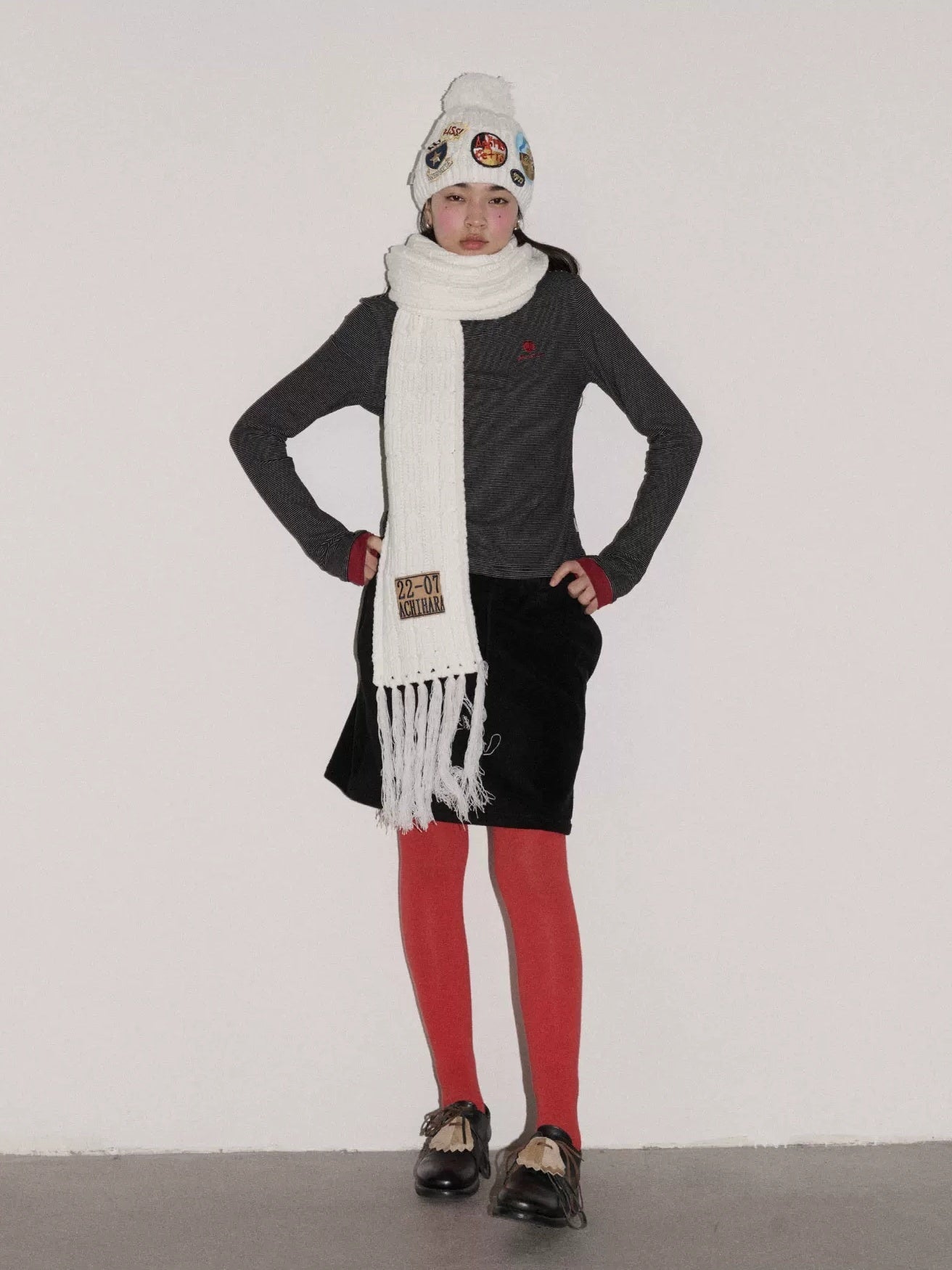 Achihara Cozy Soft Acrylic Knit Casual Round Top Badge Accent Women Beanie Hat