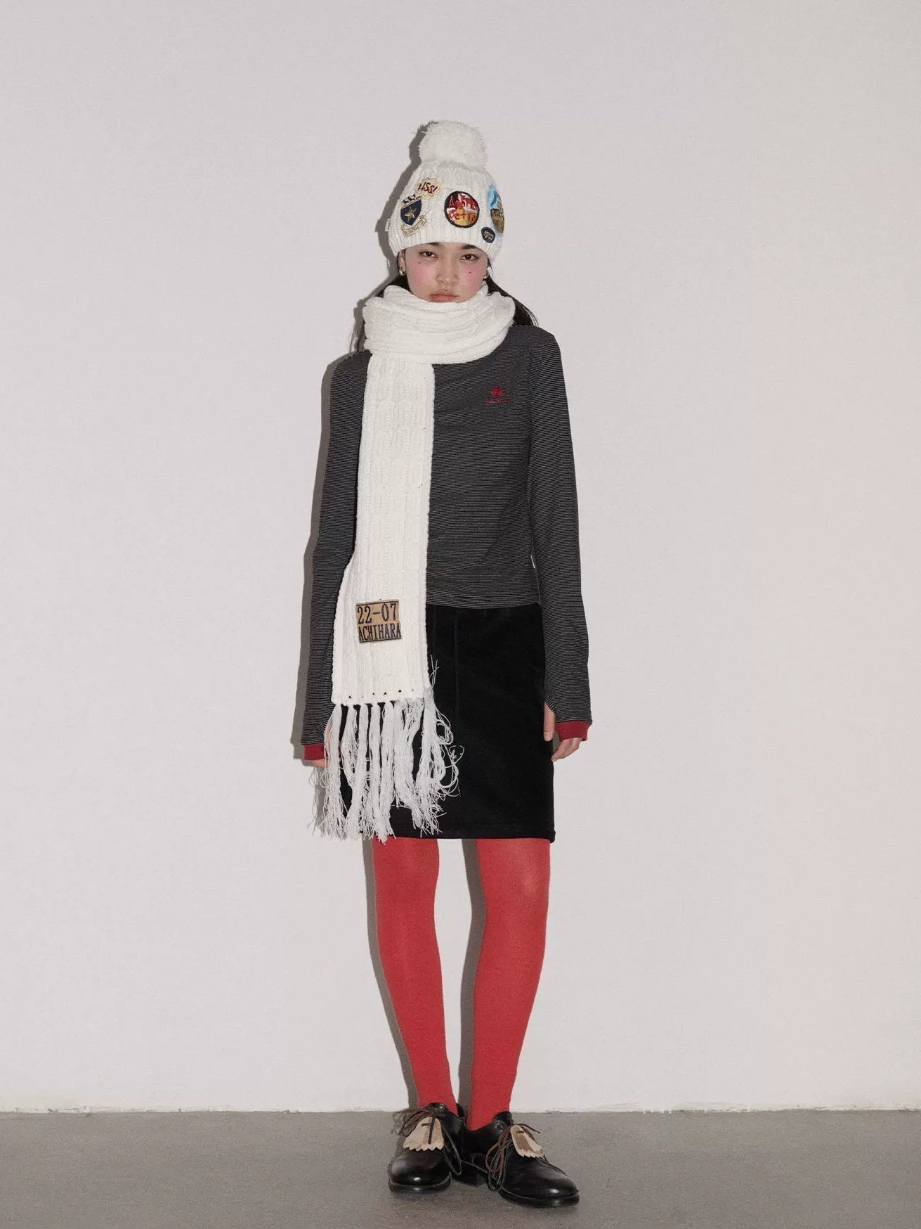 Achihara Cozy Soft Acrylic Knit Casual Round Top Badge Accent Women Beanie Hat