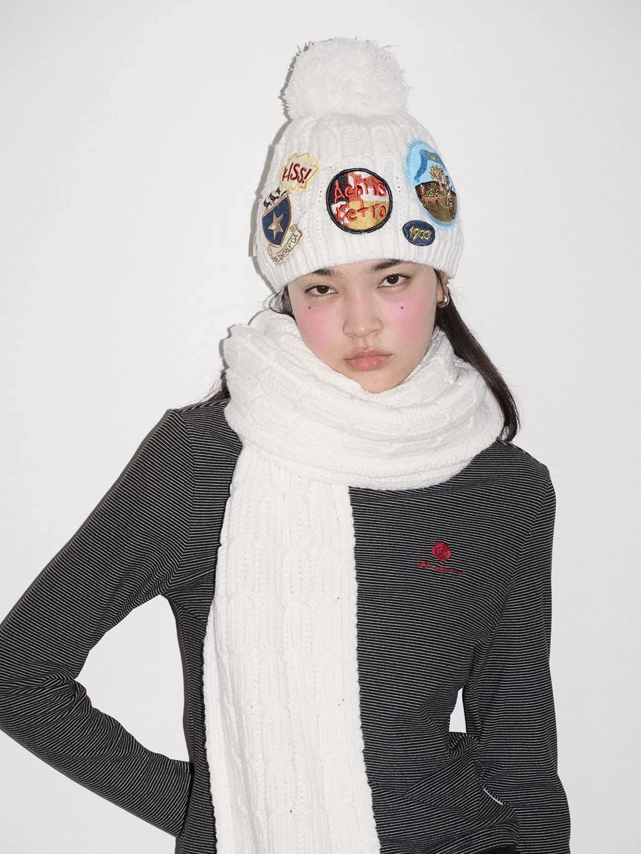 Achihara Cozy Soft Acrylic Knit Casual Round Top Badge Accent Women Beanie Hat