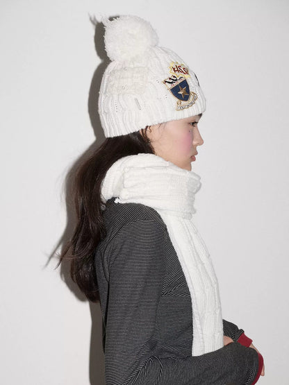 Achihara Cozy Soft Acrylic Knit Casual Round Top Badge Accent Women Beanie Hat