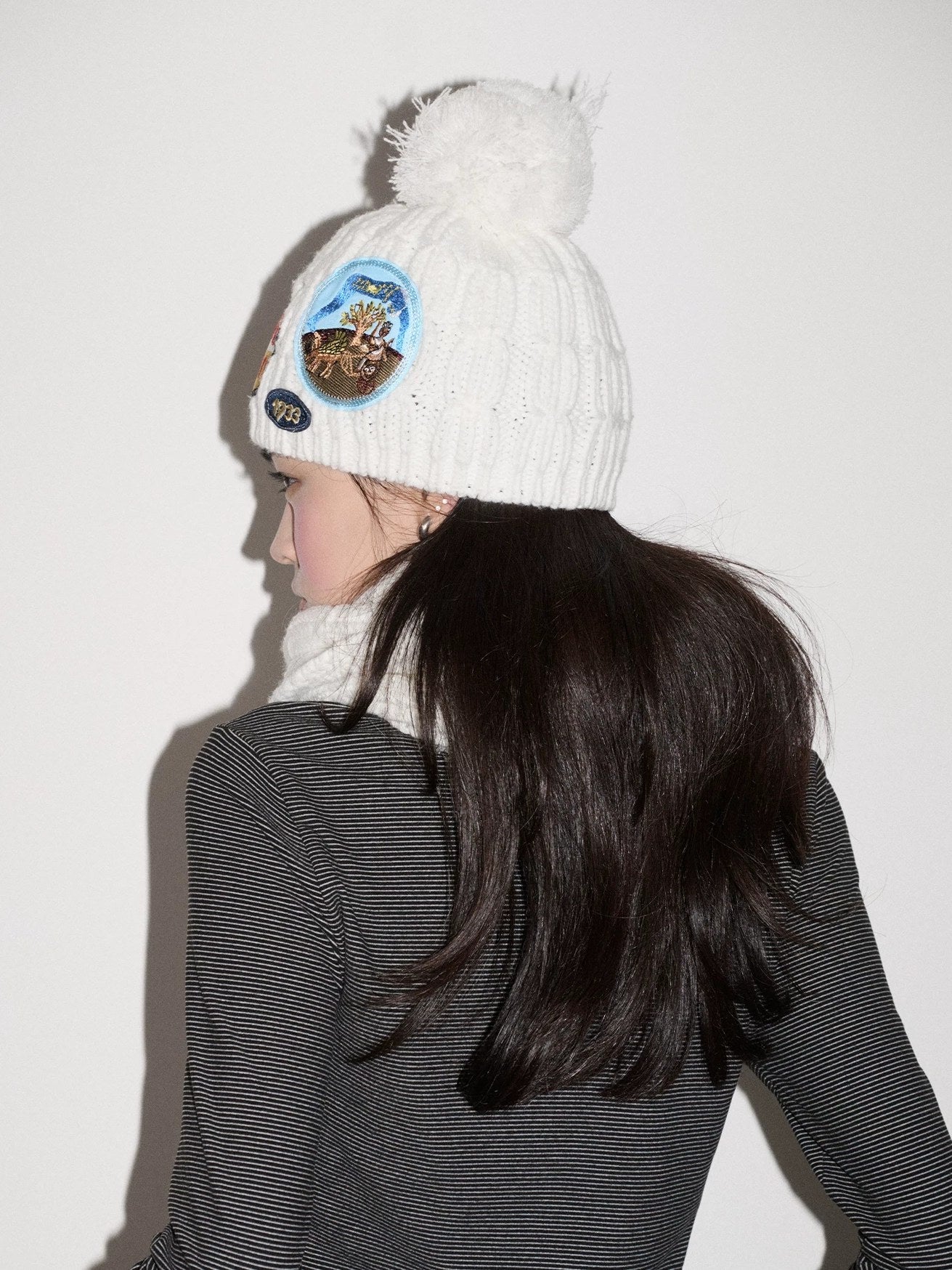 Achihara Cozy Soft Acrylic Knit Casual Round Top Badge Accent Women Beanie Hat